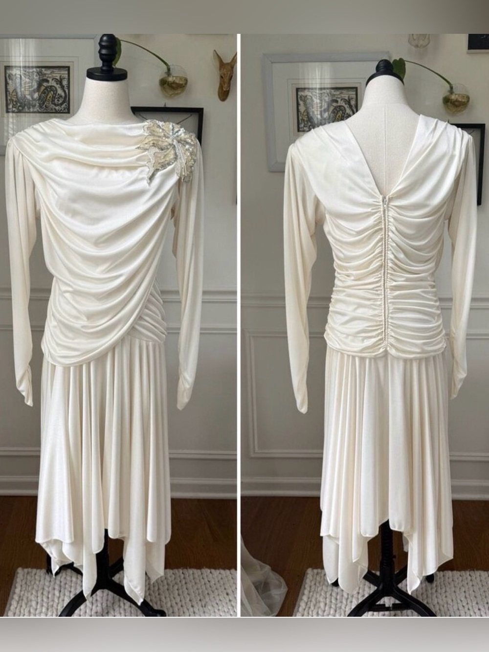 Vintage 80s Susan Roselli for Vijack Grecian Goddess Slinky Dress Ivory Rhinesto